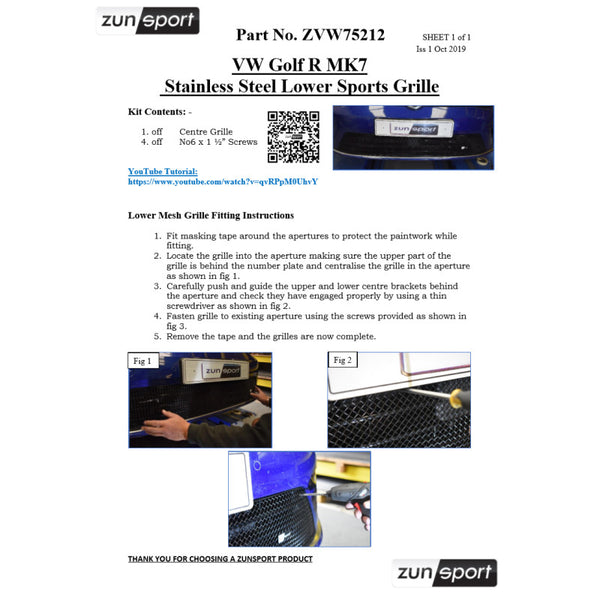 Zunsport Front Grille Set 2015-2017 Mk 7 Volkswagen Golf R
